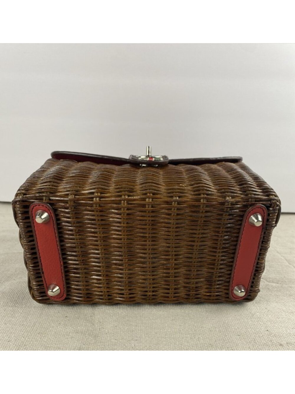 VTG Leather & Wicker Rattan Picnic Basket Purse Woven Handbag Red Check Fabric - Picture 5 of 16